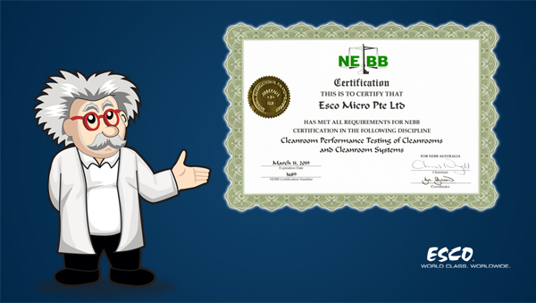 ESCO được chứng nhận bởi NEBB về Thử nghiệm hiệu suất phòng sạch